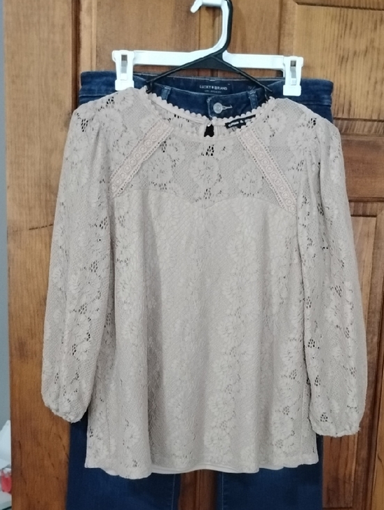 Cable & Gauge Tops - Cable & Gauge Beige Lace Long-Sleeve Blouse